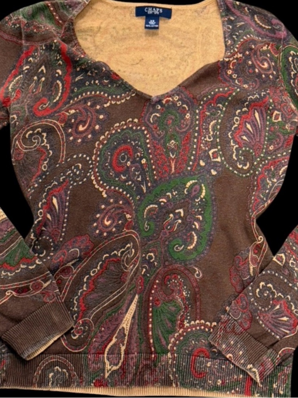 100% cotton Chaps V-Neck Paisley Sweater - Brown with Green & Red Accents